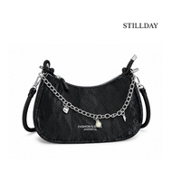 STILLDAY Black Cresent Shoulder Bag Y2K Grunge a Underarm Dumpling Bag with Silver Charm Chain Detai