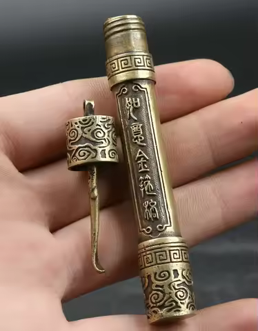 3.5"Chinese Bronze Buddhism Om Mani Padme Hum Golden Cudgel Snuff Bottle Pendant