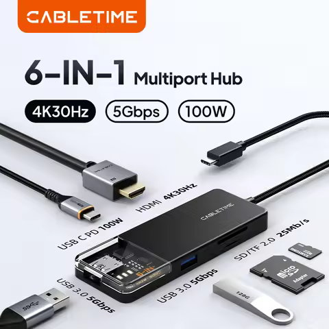 CABLETIME 6 in 1 USB C Hub 4K 30Hz HDMI PD 100W USB 3.0 5Gbps SD TF for MacBook pro Laptops Type C H