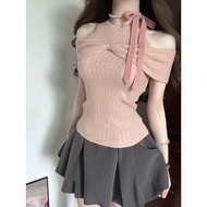 Gentle Sweet Style Pink Bow Knot Knot Design Sweater Women Summer Slim-fit Strapless Small Machine T