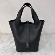 HERMES PICOTIN 18 TC 黑色荔枝皮銀釦 手提包 水桶包 菜籃包 菜籃子