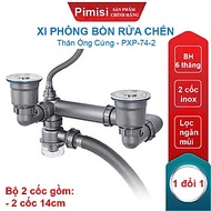 Bộ Xi Phông Chậu Rửa Bát 2 Hố Phi 140 Inox 304 Pimisi PXP-74-2 Xả Nước Chậu Rửa Chén 2 Hộc-1 Thoát T