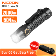 NICRON C6ไฟฉาย EDC 2000ลูเมนยาว379เมตรไฟฉายชาร์จ USB-C ได้พร้อมคลิปหนีบกระเป๋าไฟฉาย LED กันน้ำ IPX8ส