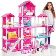 Pink Villa Playset for Girls Ages 3-7, 4-Story 10-Room House