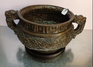 Antique brass hand carved incense burner with matching wood stand（大明宣德年制）