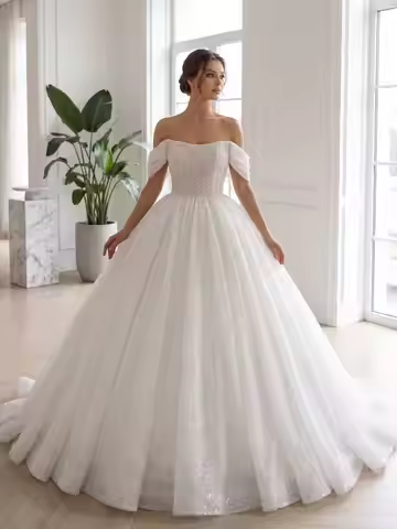 Elegant Off‑The‑Shoulder Sparkly Sequin Ball Gown Wedding Dress Beaded Lace‑Up Back Cathedral Train 