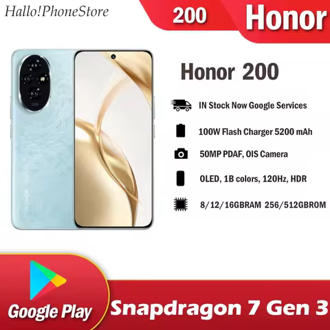 NEW Origianl Honor 200 5G Snapdragon 7 Gen 3 google play 100W flash Charger 1B colors, 120Hz, HDR 50