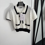 Tempered Slim-Fit Bow Knot Hollow Lapel Short Sleeve Sweater