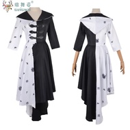 Cruella Devil Cosplay Costume Girl Women Evil Madame Cruella Vampire Cosplay Black White Witch Dress