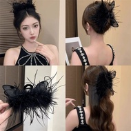 【日上三甘杂货铺】 黑色精灵猫羽毛抓夹大号增高颅顶显发量顶夹毛毛发夹女气质鲨鱼夹Black Elf Cat Feather Claw Large Height Raising Skull To 【05