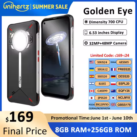 Unihertz Golden Eye 5g Ultra Slim Rugged Smartphone Camping Light 8GB 256GB 64MP Camera Cell Phone, 
