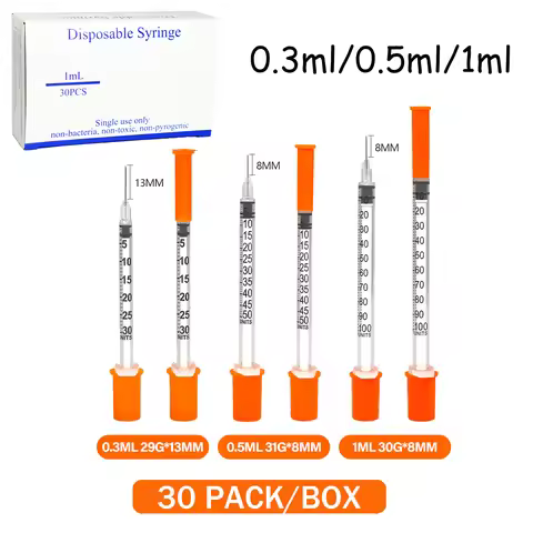 30Pack/Pcs,0.3ml/0.5ml/1ml Small-Capacity Sterile Insulin Syringe Individually Wrapped for Pets,Lab 