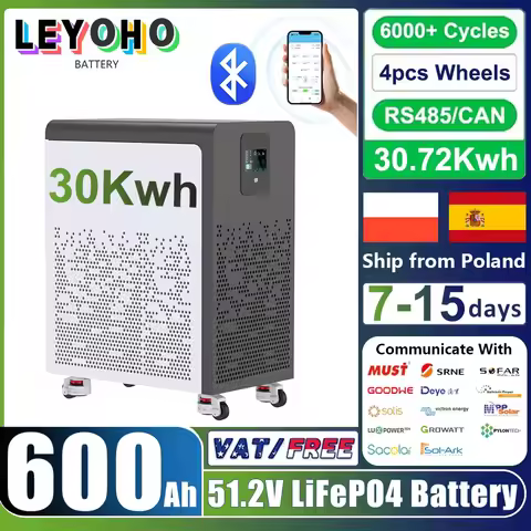 48V 600Ah LiFePO4 Battery Pack 30Kwh With Wheels 51.2V 100Ah 300Ah Lithium Battery 6000+ Cycles Blue