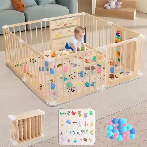 Portable Adjustable Baby Playpen with Soft Mat and 36 Balls, Play Area for Toddlers (56x56x23in)