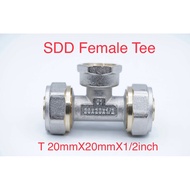 PEX Tee SDD Fitting Inner Thread T 20mm x 20mm x 1/2 inch Brass Hot Water Pipe Socket Female Socket 