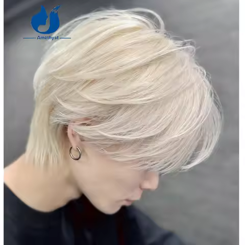 Amethyst Men's White Platinum Wolf Cut Short Bob 13x4 Lace Front Wig Brazilian Remy Hair Pre-Plucked