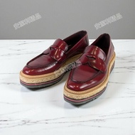 莉亞精品♡Prada 草編厚底樂福鞋 酒紅 近新閒置 尺碼38.5