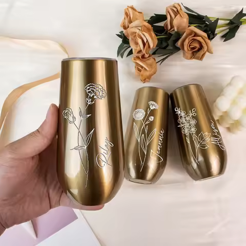 Custom Logo Wine Champagne Beer Cup 6oz With Lid, Insulated Tumbler Stemless Rose Gold Stainless Swi