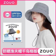 [Ready Stock] Korea zauo Sunscreen Bucket Hat Female Houndstooth Sunscreen Hat Sun Hat UV Protection Beach Hat Summer