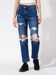 American Eagle กางเกงยีนส์ผู้หญิง MOM STRAIGHT JEANS - ASYM WAISTBAND - INTL สี DEEP NAVY - 043-4023