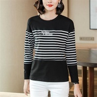 M-4XL Long-Sleeved Versatile T-Shirt~Long T-Shirt Women Pure Cotton Round Neck Stitching Striped Sli