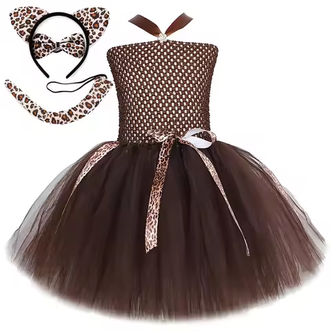 Dark Brown Leopard Halloween Costumes Girls Jungle Animal Party Tutu Dress for Kids Birthday Outfit 