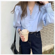 99179-French solid color long-sleeved shirt women's design niche lantern sleeve shirt long sleeve v-