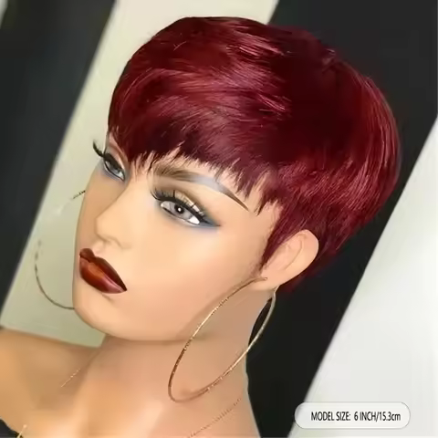 Lolely Dream 99J Red Colored Human Hair Wigs Pixie Cut Wig Human Hair Wigs Straigt Hair Peluca Human