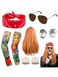 9入組搖滾明星重金屬假髮套裝，龐克哥特搖滾裝配件，附有復古太陽眼鏡、紅色頭巾、骷髏戒指、臨時紋身袖套，70年代80年代化妝舞會男女裝