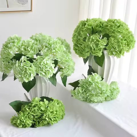 5 Heads Green Artificial Hydrangea Flowers Real Touch Artificial Hydrangea Bouquet Decoration Weddin