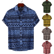 [5 colors] Men's Vintage Ethnic Printed Floral Button Up Short Sleeve Shirt Lapel Loose Casual Plus 
