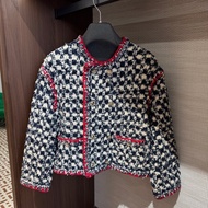 ⭐️chanel香奈兒 21C藍白格紋紅邊外套，34碼 雙排扣加紅色滾邊，層次感十足