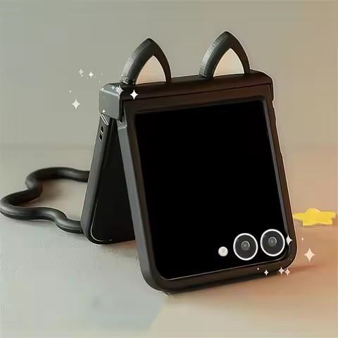 Cute 3D Cat Ear Star Bracelet Black Case For Galaxy Z Flip 6 5 Z Flip4 3 5G Z Flip7 Shockproof Cover