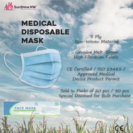 Sunshine NW 3 Ply Disposable Medical Surgical Face Masks With Earloops CE ISO Certified Ready Stock. 20 pieces Pack