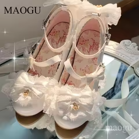 Japanese Style Women's Large Size34-42 Kawaii Lolita Mary Jane Shoes Bow Heart Buckle Chunky Heel Co