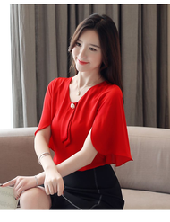 เสื้อสตรีแขนยาวคอวีผ้าชีฟองลำลองฤดูร้อนแขนพองธรรมดา