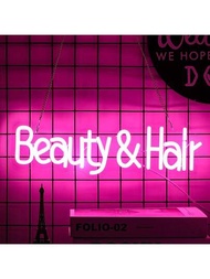 粉色字母美髮霓虹燈 可調式led霓虹燈 用於美容美髮沙龍,usb供電,亮度高,節能耐用,無噪音。適用於理髮師,美容院,女孩房間,臥室,水療中心,派對裝飾。(16.5'' X 4.7'')附帶2個堅固的掛鉤和1條懸掛鏈。