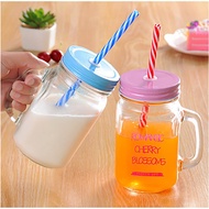 Mason Jar Lemon Bottle With Cover Straw Colorful Transparent Glass Fruit Juice Milk Mug Cool Drink