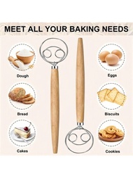 1個,丹麥麵團攪拌器,丹麥麵團攪拌機,丹麥麵團攪拌器,荷蘭麵包攪拌器,木桿手動攪拌器,麵包烘烤工具用於蛋糕麵包披薩糕點餅乾工具,烘焙工具