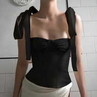 Moderntime Tiktok สไตล์แฟชั่นใหม่เซ็กซี่เสื้อแขนกุดผู้หญิงริบบิ้น Bustier Camis เสื้อยืดสีเดียวเสื้อกล้ามฤดูร้อน Crop Top Strappy Vest Crop Top Clubwear
