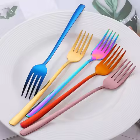 Stainless Steel Long Handle Dinner Fork Korean Rainbow Fork Hotel Restaurant Party Supplies Dinnerwa