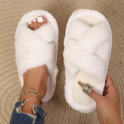Women's Fluffy Cross Strap Fur Slippers Lightweight Soft Warm Plush House Slippers Woman Autumn Wint