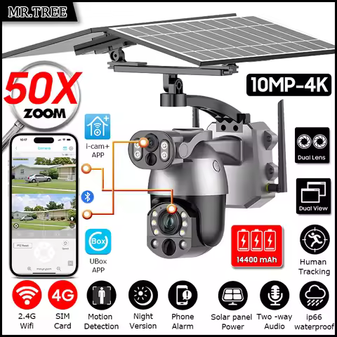 10MP 4K 50X Optical Zoom Home Solar Camera 4G SIM CCTV Outdoor Surveillance WiFi Security PTZ Auto T