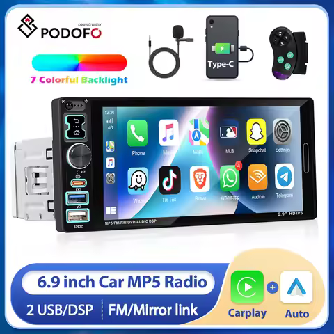 Podofo Universal 1 Din Android 6.9" Wired CarPlay Auto Car Radio Multimedia Video Player GPS FM Radi