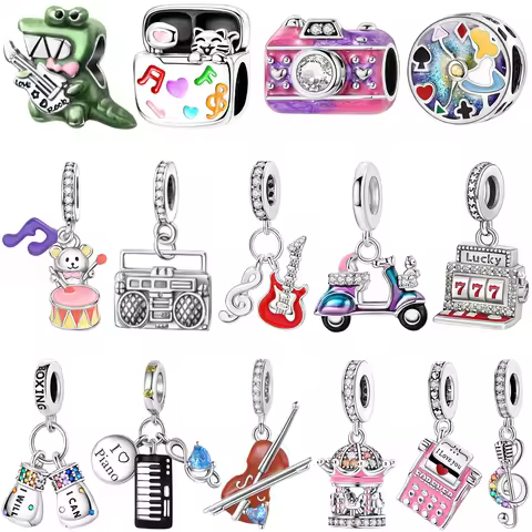 925 Sterling Silver Music Charms Beads Game Console Guitar Pendants Fit Original Bangle Bracelet Nec