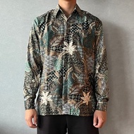 印尼蠟染緞面長袖襯衫 BRAHMA - 綠林銅葉 - BRM004