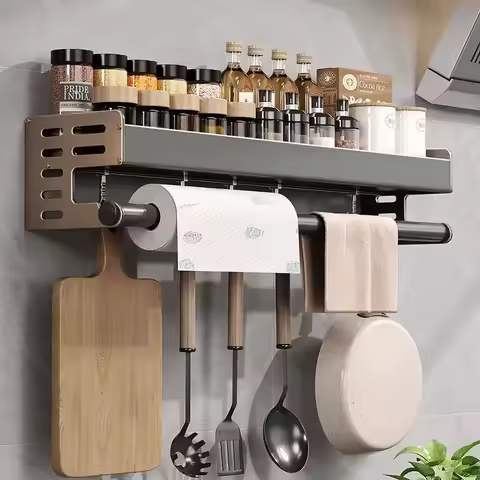 Wall-Mounted Kitchen Storage Rack - Multifunctional Organizer for Spices, Chopsticks & Utensils