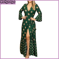 Womens Summer Wrap Maxi Dress Long Sleeve Deep V-Neck Dot Printed Lace Up Dress Split Flowy Beach Lo