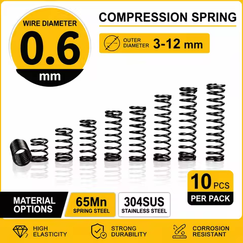 10Pcs 0.6mm Micro Compression Spring - 304SUS/65MN Spring Steel OD:3-12mm Length: 5-50mm instrument 