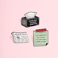 Girl Falls in Love with Fictional Character Phrase Brooch Pins Funny Newspaper Bookish Brooch Metal 